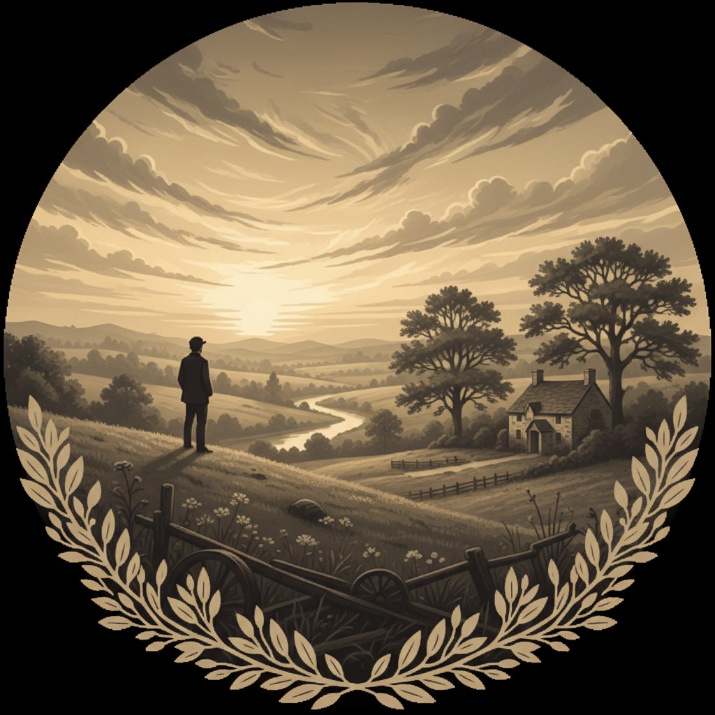 A man in a suit and hat looks at a landscape during sunset.