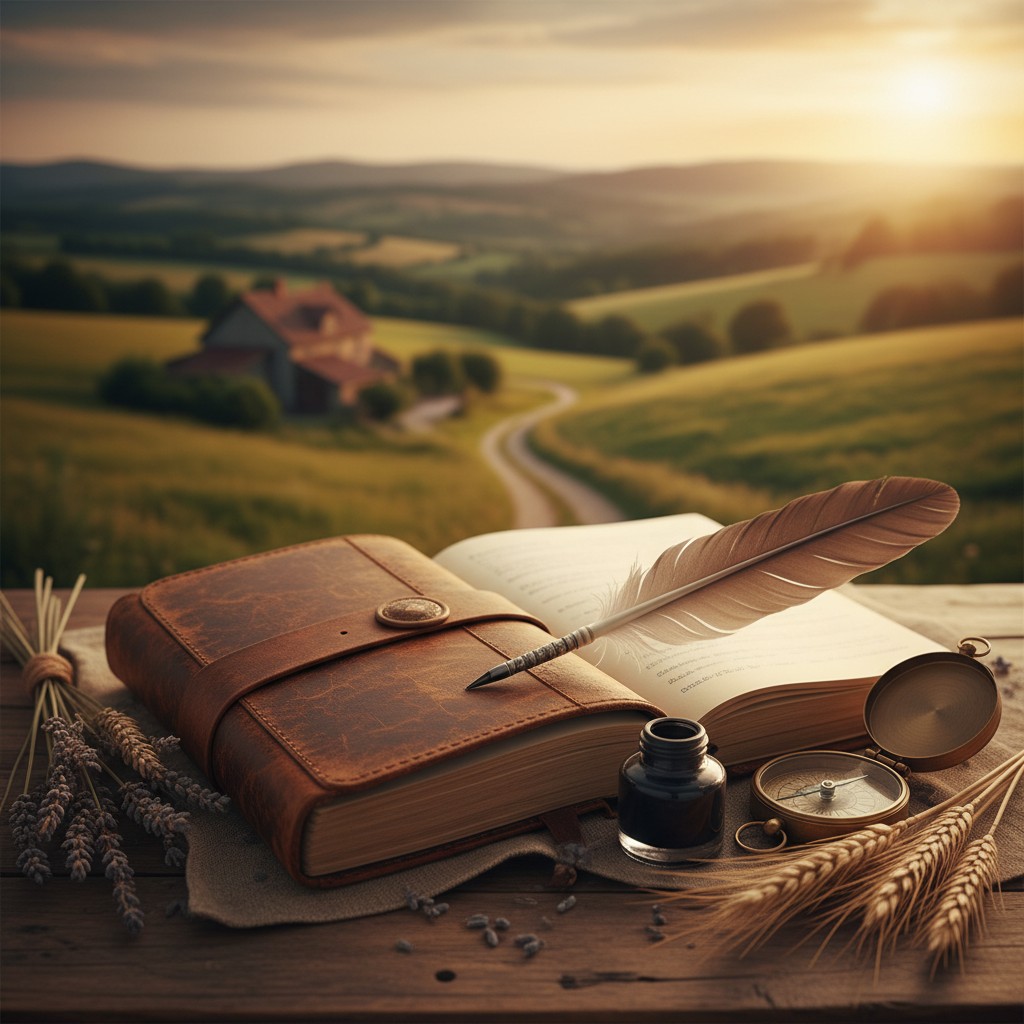 A tranquil rural setting at sunset with notebook, ink pen, ink bottle, glasses, compass and a forest in the backdrop.