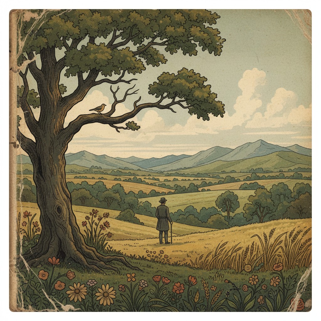 A serene landscape featuring rolling hills, trees, flowers and a man in a hat holding a stick, with distant mountains, set...