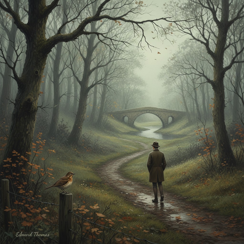 A man in a trench coat and hat walks away on a pillar covered pathway with puddles in a damp wooded area overgrown with gr...