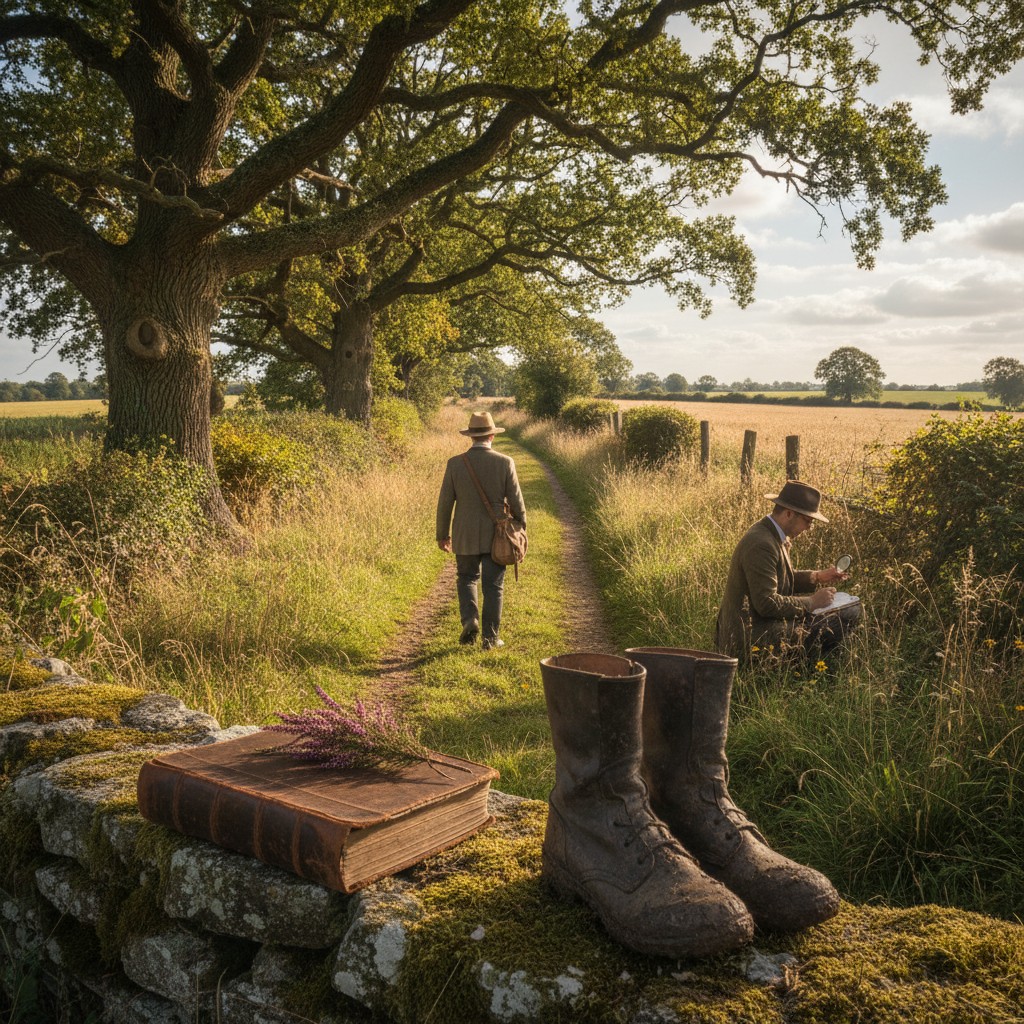 Two men walk through a rural field, a leather-bound book and old boots rest on a mossy wall at the left edge.